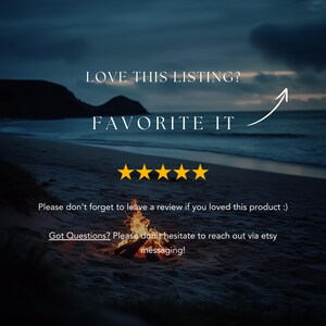 May include: Image with a beach scene at dusk. Text reads "LOVE THIS LISTING? FAVORITE IT" with an arrow pointing up. Five gold stars are below the text. Additional text encourages reviews and questions via Etsy messaging.