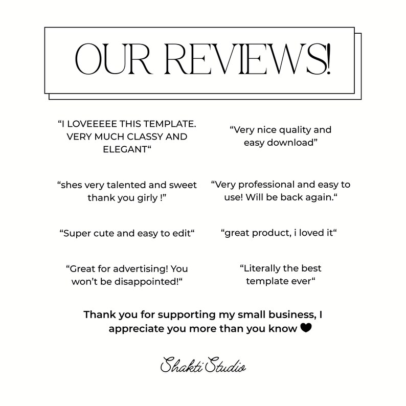 Puede incluir: Un gr&aacute;fico blanco con el texto "OUR REVIEWS!" en la parte superior. Debajo, rese&ntilde;as de clientes, incluyendo frases como "classy and elegant" y "easy download". El gr&aacute;fico termina con "Shakti Studio".