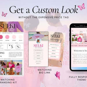 May include: A branding kit for a small business called Selki. The kit includes a color palette, typography, icons, and a mood board. The mood board features photos of clothing and accessories. The text "Get a Custom Look Without the Expensive Price Tag" is displayed at the top of the image.