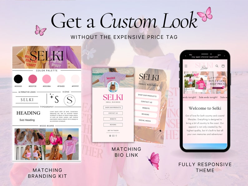 May include: A branding kit for a small business called Selki. The kit includes a color palette, typography, icons, and a mood board. The mood board features photos of clothing and accessories. The text "Get a Custom Look Without the Expensive Price Tag" is displayed at the top of the image.