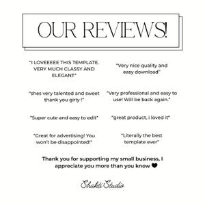 Op de afbeelding: Witte afbeelding met de tekst "OUR REVIEWS!" en klantgetuigenissen. De beoordelingen bevatten zinnen als "classy and elegant" en "easy download". De afbeelding bevat ook de tekst "Thank you for supporting my small business" en het logo "Shakti Studio".