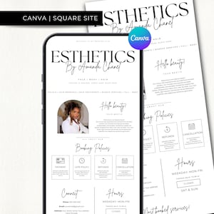 May include: A digital mockup of a website design for "Esthetics by Amanda Chanel" displayed on a smartphone and a printed page. The design features black text on a white background, with a photo of a woman.