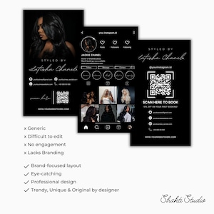 K&ouml;nnte beinhalten: Schwarz-wei&szlig; Werbematerialien f&uuml;r ein Haarstyling-Unternehmen. Das Design umfasst ein Portr&auml;t, Social-Media-Mockups und einen QR-Code. Der Text enth&auml;lt "STYLED BY Latisha Chanel" und "SCAN HERE TO BOOK".