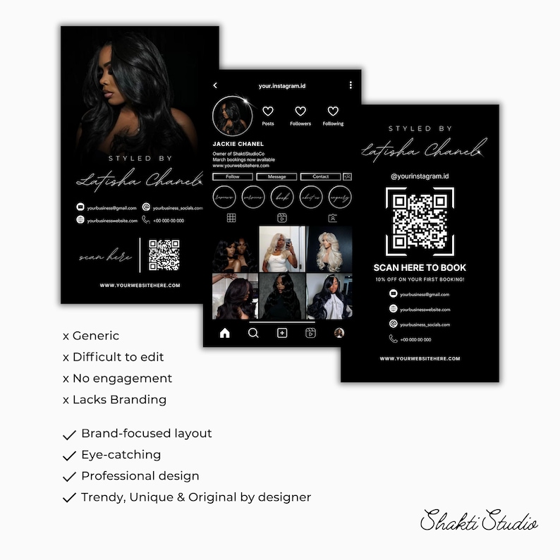 K&ouml;nnte beinhalten: Schwarz-wei&szlig; Werbematerialien f&uuml;r ein Haarstyling-Unternehmen. Das Design umfasst ein Portr&auml;t, Social-Media-Mockups und einen QR-Code. Der Text enth&auml;lt "STYLED BY Latisha Chanel" und "SCAN HERE TO BOOK".