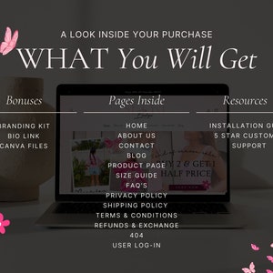 May include: A laptop computer screen displaying a website with the text "What You Will Get" at the top. The website is divided into three sections: Bonuses, Pages Inside, and Resources. The Bonuses section lists Branding Kit, Bio Link, and Canva Files. The Pages Inside section lists Home, About Us, Contact, Blog, Product Page, Size Guide, FAQ's, Privacy Policy, Shipping Policy, Terms & Conditions, Refunds & Exchange, 404, and User Log-In. The Resources section lists Installation Guide, 5 Star Customer Support. The image also includes pink butterflies and flowers.