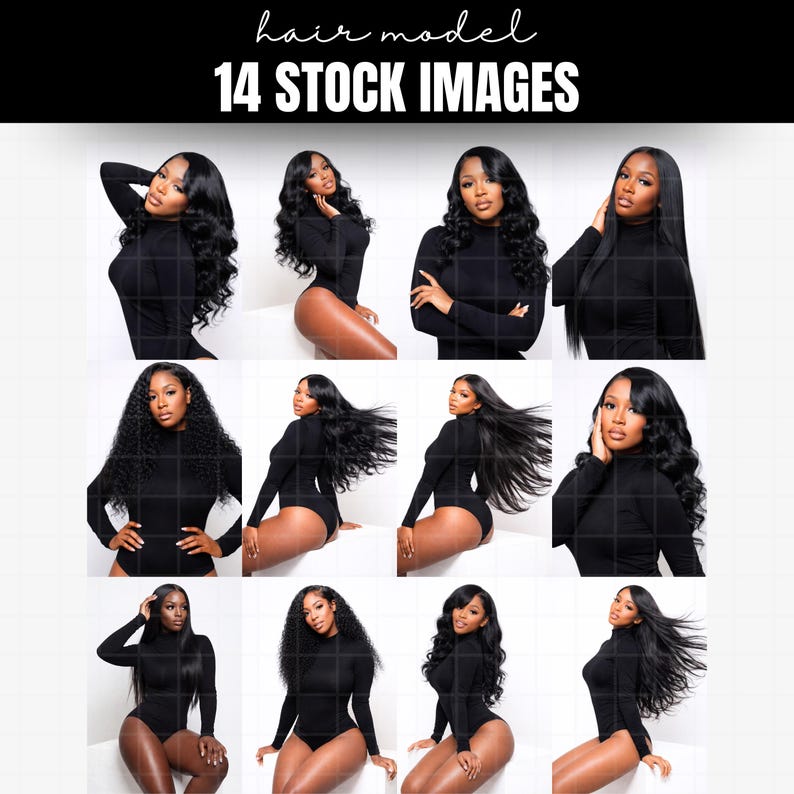 May include: A grid of 14 stock images featuring a hair model. The model is wearing a black long-sleeved bodysuit. The images showcase various hairstyles, including wavy, curly, and straight hair, with the text "hair model" and "14 STOCK IMAGES" at the top.