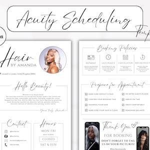 Puede incluir: Una plantilla imprimible en blanco y negro para programar citas para una peluquería. La plantilla incluye una sección de contacto, el horario de atención, las políticas de reserva y una lista de verificación de preparación para la cita. La plantilla también incluye un mensaje de agradecimiento por la reserva y anima a los clientes a etiquetar al salón en sus fotos.