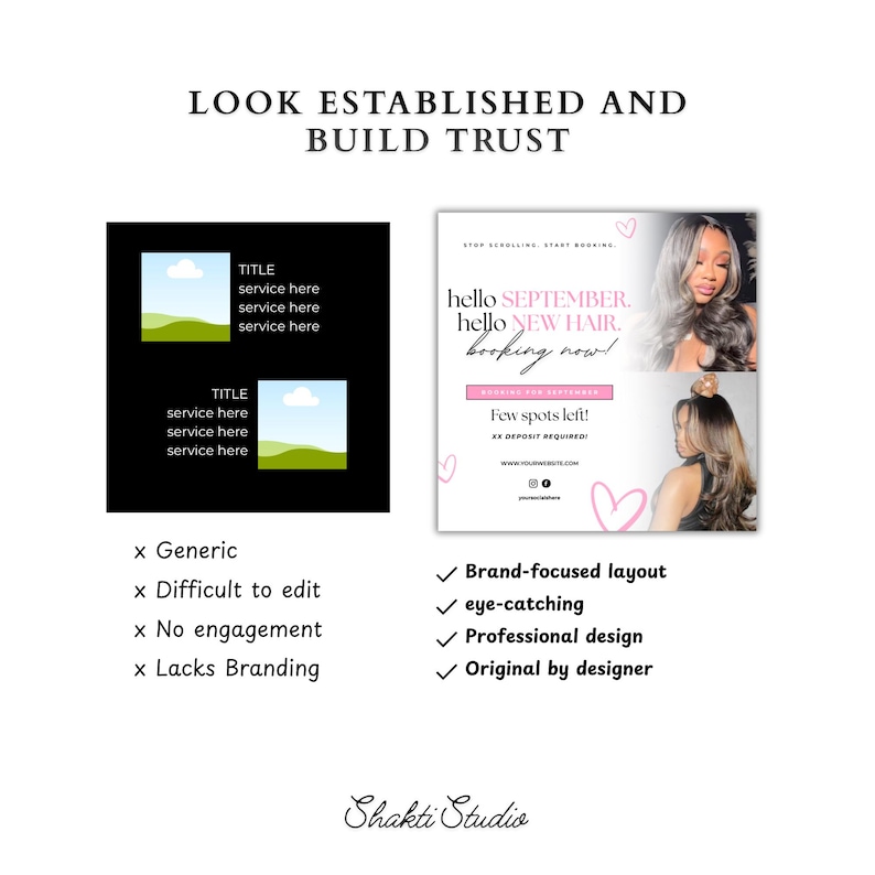 May include: A comparison graphic showing a black square with generic placeholders versus a white promotional flyer for hair services. The flyer features text including hello SEPTEMBER, hello NEW HAIR, booking now, and Few spots left, with photos of hair.