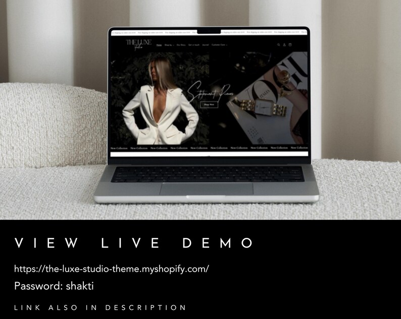 Puede incluir: Un ordenador port&aacute;til que muestra un sitio web para "The June" con una modelo que lleva una chaqueta blanca y el texto "Shop Now".