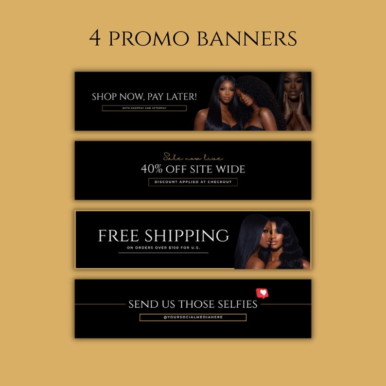 Puede incluir: Cuatro banners promocionales negros con texto dorado sobre un fondo dorado. Los banners dicen: "&iexcl;Compra ahora, paga despu&eacute;s!", "Venta ahora en vivo 40% de descuento en todo el sitio", "Env&iacute;o gratis" y "Env&iacute;anos esas selfies".