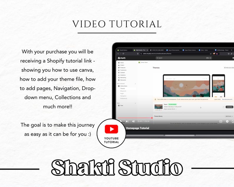 Puede incluir: Un tutorial en video sobre c&oacute;mo usar Canva para crear un sitio web de Shopify. El video muestra la pantalla de una computadora port&aacute;til con un sitio web de Shopify en construcci&oacute;n. El texto "Tutorial de la p&aacute;gina de inicio" es visible en la pantalla. El video se titula "Tutorial de YouTube".