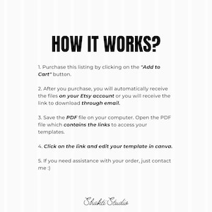 May include: White background with black text that reads "HOW IT WORKS?" followed by numbered steps. The steps explain how to purchase and access digital templates. The Shakti Studio logo is at the bottom.