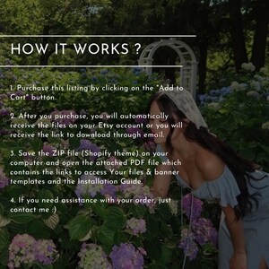 May include: A text-based image explaining how to purchase and download a Shopify theme. The image includes a woman in a blue dress standing in a garden with pink flowers.