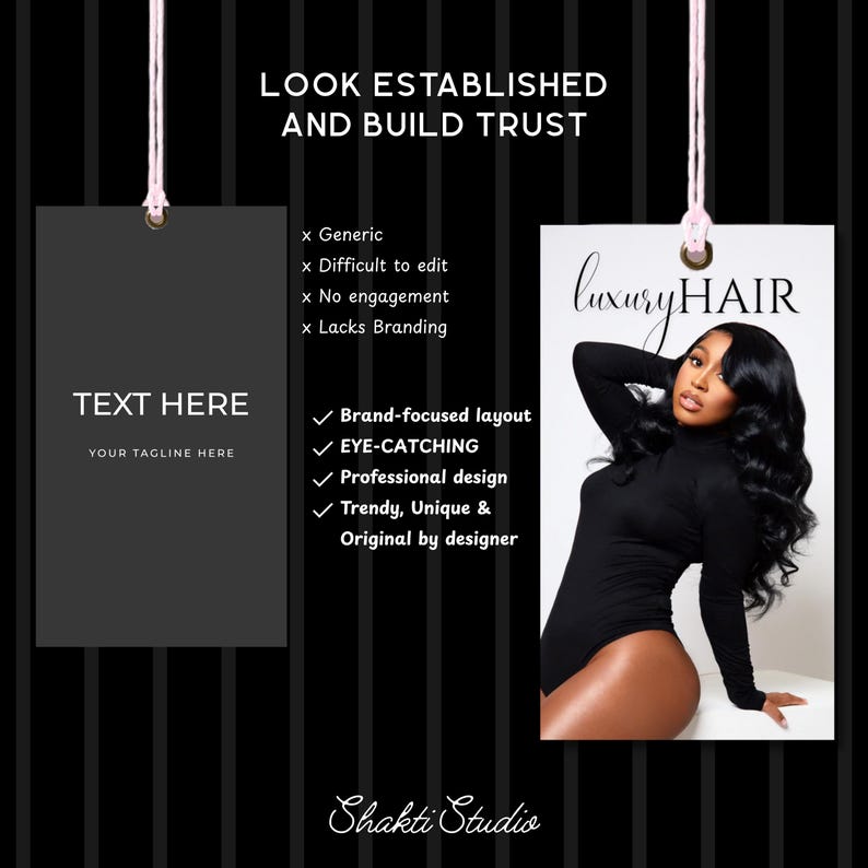May include: A promotional image with the text "LOOK ESTABLISHED AND BUILD TRUST." It features a black and white design with a woman with long black hair. The image includes the text "TEXT HERE" and "luxury HAIR."