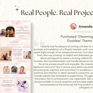 Pu&ograve; includere: Uno screenshot di una testimonianza su un sito web di una cliente di nome Amanda che ha acquistato il tema 'Gleaming Goddess'. La testimonianza evidenzia il servizio eccezionale fornito dalla web designer, Mon, che ha fatto di tutto per creare un sito web sbalorditivo. La testimonianza menziona anche il professionalismo di Mon, il suo atteggiamento amichevole e il suo impegno per l'eccellenza.