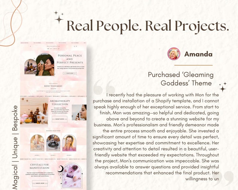 Pu&ograve; includere: Uno screenshot di una testimonianza su un sito web di una cliente di nome Amanda che ha acquistato il tema 'Gleaming Goddess'. La testimonianza evidenzia il servizio eccezionale fornito dalla web designer, Mon, che ha fatto di tutto per creare un sito web sbalorditivo. La testimonianza menziona anche il professionalismo di Mon, il suo atteggiamento amichevole e il suo impegno per l'eccellenza.