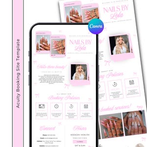 以下が含まれることがあります： Nails By Lolaのデジタル予約サイトテンプレート。ライトピンクの配色とリボンのアイコンが特徴です。レイアウトには、予約ポリシー、支払い、返金、キャンセル、連絡先情報、営業時間などのセクションが含まれています。