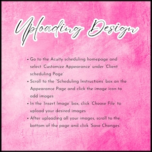 K&ouml;nnte beinhalten: Rosa Hintergrund mit den Worten "Uploading Design" in einer Schreibschrift. Anweisungen zum Hochladen von Bildern auf eine Planungsseite sind unter dem Titel aufgef&uuml;hrt.