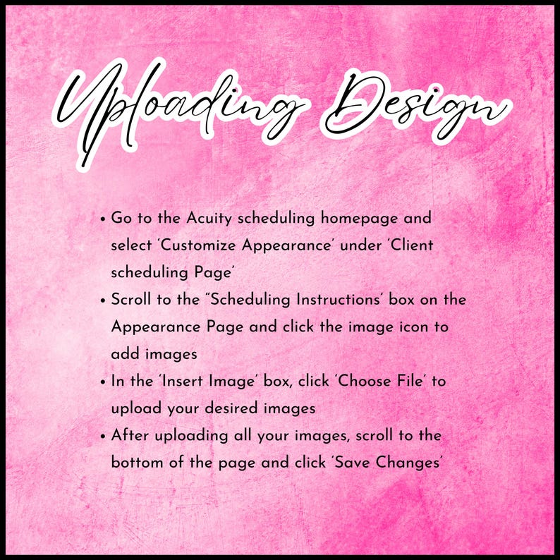 K&ouml;nnte beinhalten: Rosa Hintergrund mit den Worten "Uploading Design" in einer Schreibschrift. Anweisungen zum Hochladen von Bildern auf eine Planungsseite sind unter dem Titel aufgef&uuml;hrt.
