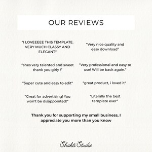 May include: A digital graphic featuring the heading OUR REVIEWS in black text, followed by eight customer testimonials in quotation marks, a thank you message, and the brand name Shakti Studio in a cursive font on a white background.