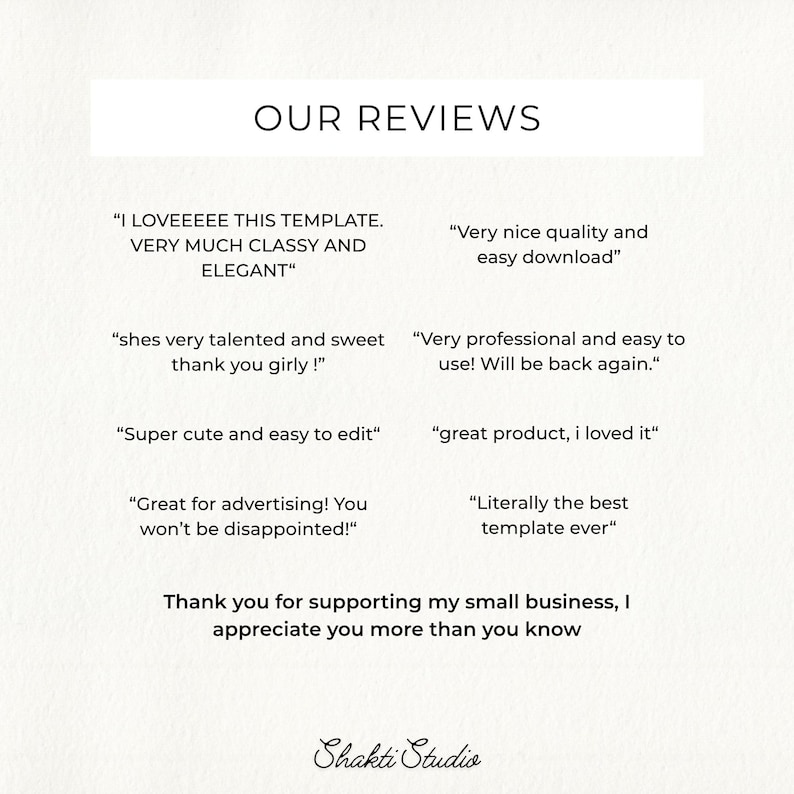 May include: A digital graphic featuring the heading OUR REVIEWS in black text, followed by eight customer testimonials in quotation marks, a thank you message, and the brand name Shakti Studio in a cursive font on a white background.