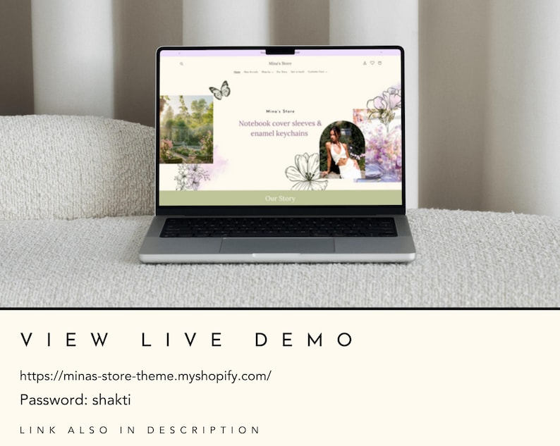 May include: A laptop computer displaying a website for a shop selling notebook covers, sleeves, and enamel keychains. The website features a floral design and a butterfly graphic. The text on the website reads "Notebook cover sleeves & enamel keychains" and "Our Story".