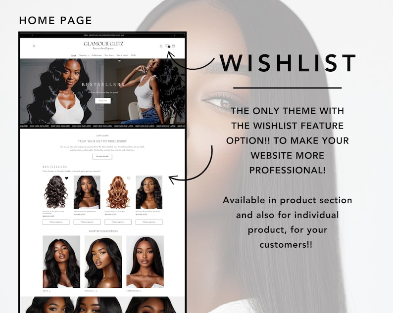 K&ouml;nnte beinhalten: Website-Screenshot, der die Homepage eines Online-Shops namens Glamour Glitz zeigt. Die Homepage enth&auml;lt einen Bereich namens "Bestseller" mit Bildern von Haarverl&auml;ngerungen. Die Website bietet auch eine "Wunschliste"-Funktion, die im Bild hervorgehoben wird.