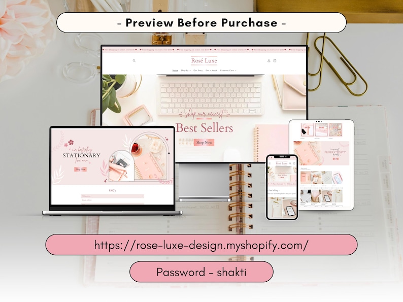 Pink Shopify Theme, Rose Gold Website Template Design, Feminine Shopify Theme Website, Shopify Store Banners, Luxury Shopify Website, Pink image 3