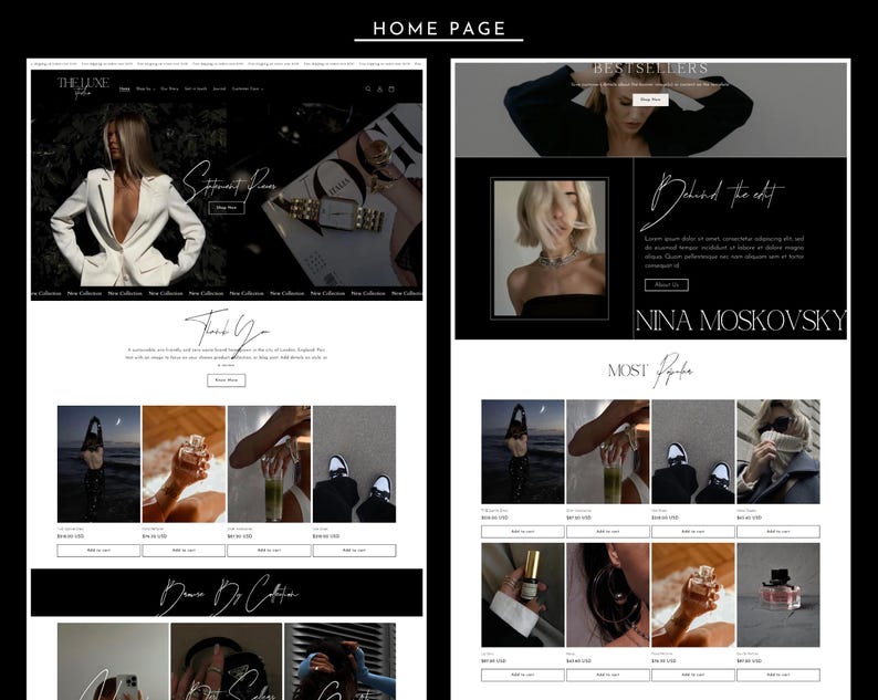 Puede incluir: Una p&aacute;gina de inicio de un sitio web para una marca de moda y belleza llamada "The June". La p&aacute;gina de inicio presenta a una modelo con un blazer blanco, una secci&oacute;n con el texto "Behind the edit" y una modelo con un top negro, y una secci&oacute;n con el texto "Most Popular" que presenta im&aacute;genes de botellas de perfume y joyas.