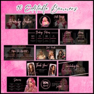 K&ouml;nnte beinhalten: Eine Sammlung von 10 editierbaren Bannern mit einem rosa und schwarzen Thema. Die Banner enthalten Texte wie "Hair by Jackie", "Hello Beauty", "Booking Policies", "Contact", "Hours", "Prepare For Appointment", "Client Results", "Thank You!", "Now booking for December" und "Services".