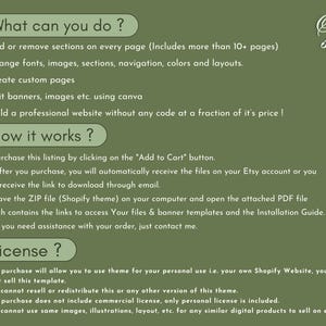 May include: A green and white text graphic with the title "What can you do?" and a list of features for a Shopify theme. The text also includes "How it works?" and a list of steps for using the theme. The text also includes "License?" and a list of terms and conditions for using the theme.