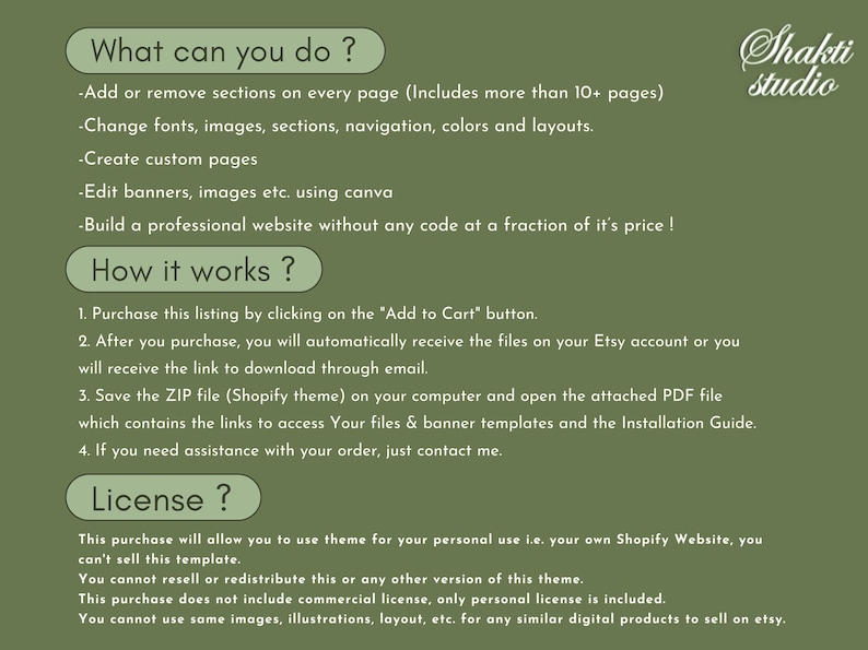 May include: A green and white text graphic with the title "What can you do?" and a list of features for a Shopify theme. The text also includes "How it works?" and a list of steps for using the theme. The text also includes "License?" and a list of terms and conditions for using the theme.