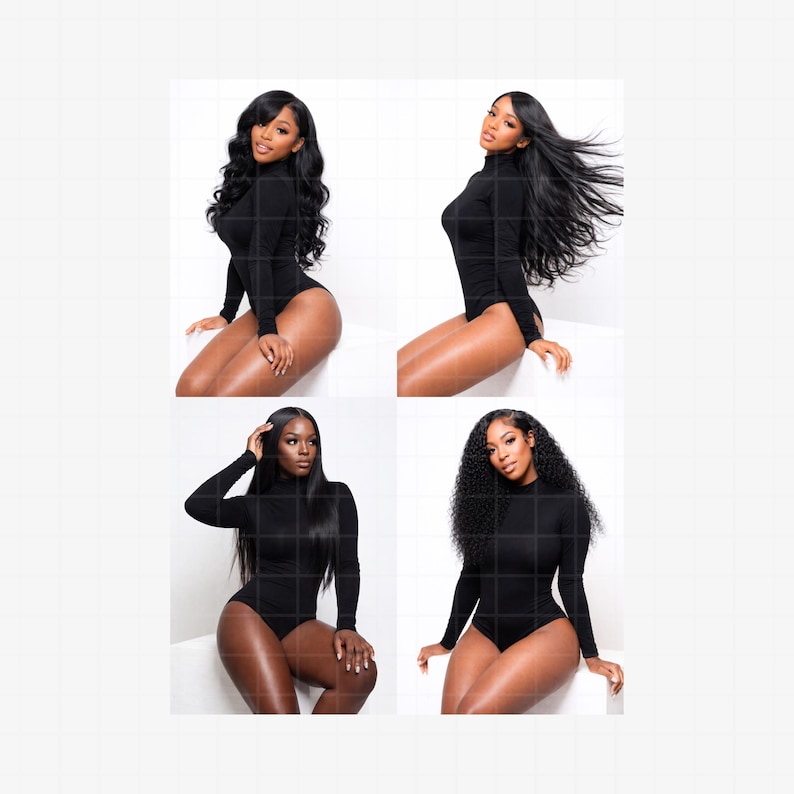 May include: Four images of a person wearing a black long-sleeved bodysuit with a high neckline. The person is sitting on a white surface, with different hairstyles in each image. The skin tone is a warm brown.