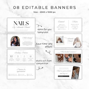 Pode incluir: Um conjunto de oito banners edit&aacute;veis para sal&otilde;es de unhas, com um fundo de m&aacute;rmore. Os banners incluem texto como "NAILS By Amanda Chanel", "Hello beauty!", "Booking Policies" e "Prepare for appointment". A imagem tamb&eacute;m inclui o texto "done-for-you template!" e "save time and effort!"