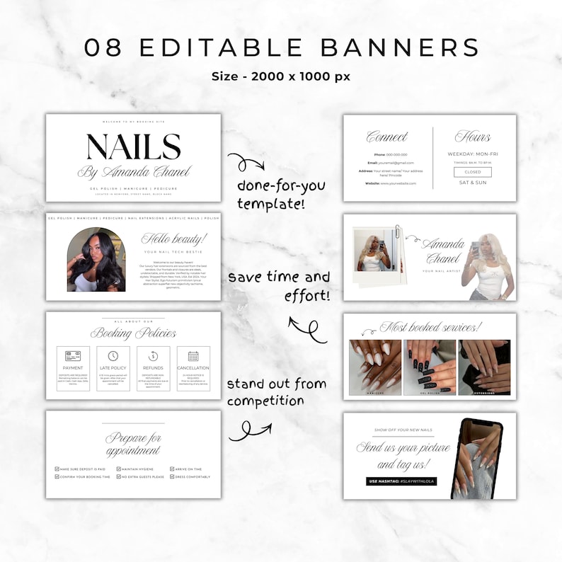 Pode incluir: Um conjunto de oito banners edit&aacute;veis para sal&otilde;es de unhas, com um fundo de m&aacute;rmore. Os banners incluem texto como "NAILS By Amanda Chanel", "Hello beauty!", "Booking Policies" e "Prepare for appointment". A imagem tamb&eacute;m inclui o texto "done-for-you template!" e "save time and effort!"