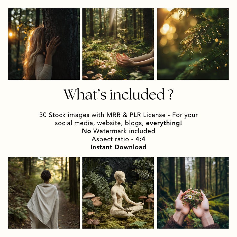 May include: A collection of six nature-themed stock images. The images include a person embracing a tree, hands cupping moss, and a forest scene. Text on the image reads "What's included?" and lists 30 stock images with MRR & PLR license.
