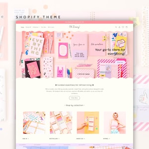 Könnte beinhalten: Eine Website-Homepage mit rosa und weißem Farbschema. Die Seite zeigt Schreibwaren, Notizbücher und andere kuratierte Essentials. Text enthält "Oh Daisy!" und "Your go-to store for everything!"
