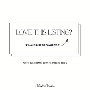 Puede incluir: Fondo blanco con una tarjeta rectangular que dice "LOVE THIS LISTING?" con un coraz&oacute;n y una flecha. El texto "MAKE SURE TO FAVORITE IT" est&aacute; debajo del coraz&oacute;n. El texto "Follow our shop! We add new products daily :)" est&aacute; debajo de la tarjeta. El nombre de la tienda "Shakti Studio" est&aacute; en la parte inferior.