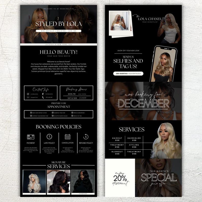 May include: Black and white promotional graphic for a hair stylist, featuring images of hairstyles, text, and contact information. The text includes "Styled by Lola", "Hello Beauty!", and "Now booking for December".