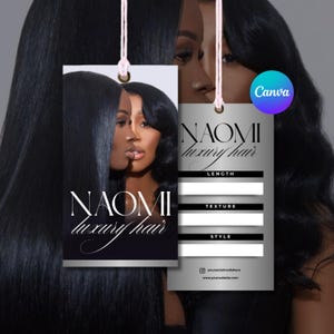 Könnte beinhalten: Zwei graue Anhänger für "NAOMI luxury hair" mit einer Frau mit langen, schwarzen Haaren. Die Anhänger haben weißen Text und Linien für Länge, Textur und Stil. Ein Canva-Logo ist oben rechts sichtbar.