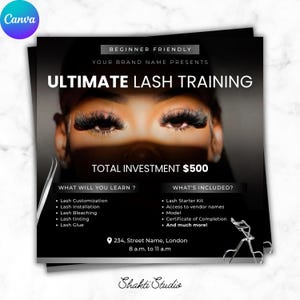 Puede incluir: Anuncio en blanco y negro para Ultimate Lash Training. La imagen presenta un primer plano de ojos con largas pestañas. El texto incluye "Principiante", "Inversión total 500$" y una lista de lo que se aprende e incluye.