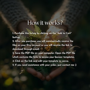 May include: Image with text "How it works?" and numbered steps explaining the purchase and download process. The steps include purchasing, receiving files, saving a PDF, clicking a link, and contacting for assistance. The image has a blurred background.