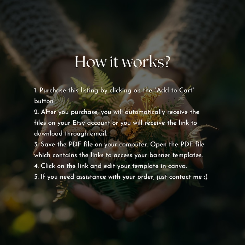 May include: Image with text "How it works?" and numbered steps explaining the purchase and download process. The steps include purchasing, receiving files, saving a PDF, clicking a link, and contacting for assistance. The image has a blurred background.