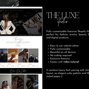 Puede incluir: Una maqueta de sitio web en blanco y negro para un tema de Shopify llamado "The Luxe Studio". El sitio web presenta un dise&ntilde;o femenino con una modelo que lleva una chaqueta blanca y un mensaje de agradecimiento. El texto "The Luxe Studio" se muestra en negrita, en blanco. El sitio web se describe como totalmente personalizable y perfecto para la moda, la joyer&iacute;a, la belleza, el hogar y los productos digitales.