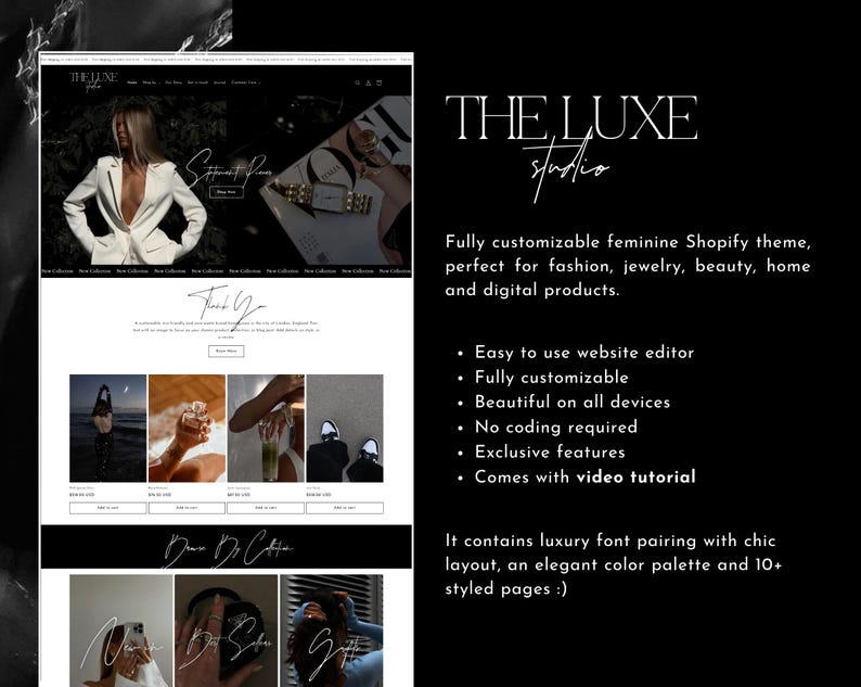 Puede incluir: Una maqueta de sitio web en blanco y negro para un tema de Shopify llamado "The Luxe Studio". El sitio web presenta un dise&ntilde;o femenino con una modelo que lleva una chaqueta blanca y un mensaje de agradecimiento. El texto "The Luxe Studio" se muestra en negrita, en blanco. El sitio web se describe como totalmente personalizable y perfecto para la moda, la joyer&iacute;a, la belleza, el hogar y los productos digitales.