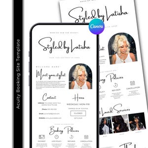 Puede incluir: Una plantilla digital de sitio de reservas Acuity para peluquería con el texto Styled by Latisha, Meet your stylist, Contact, Hours y Booking Policies. El diseño incluye marcadores de posición para fotos de una persona rubia.