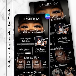 Könnte beinhalten: Eine digitale Vorlage für eine Haar-Website in Schwarz und Weiß, mit dem Text "Lashed By Nina Chanel". Das Design umfasst Abschnitte für Buchungsrichtlinien, Standort und Signature-Services. Die Vorlage ist modern gestaltet.