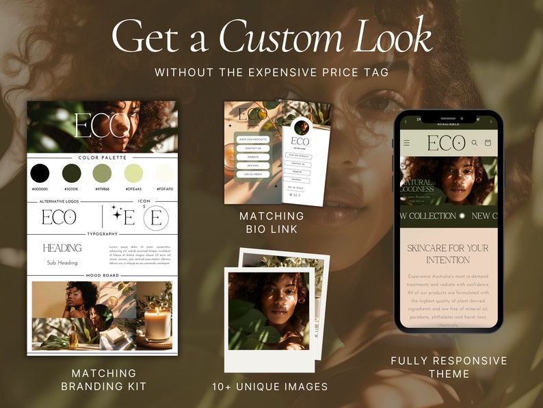 Puede incluir: Un kit de marca para una empresa llamada ECO, que incluye una paleta de colores, opciones de logotipo, tipograf&iacute;a y un tablero de estado de &aacute;nimo. El kit tambi&eacute;n incluye un enlace bio coincidente y m&aacute;s de 10 im&aacute;genes &uacute;nicas. El kit est&aacute; dise&ntilde;ado para una empresa de cuidado de la piel que se centra en los ingredientes naturales.