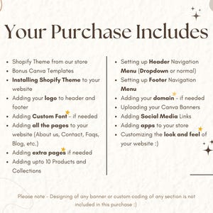 Pu&ograve; includere: Una grafica beige e oro con il testo "Your Purchase Includes" e un elenco di servizi inclusi nell'acquisto di un tema Shopify. L'elenco include l'installazione del tema, l'aggiunta di un logo, l'aggiunta di font personalizzati, l'aggiunta di pagine, l'aggiunta di pagine extra, l'aggiunta di prodotti, la configurazione della navigazione del menu principale e del pi&egrave; di pagina, l'aggiunta di un dominio, il caricamento di banner Canva, l'aggiunta di link ai social media, l'aggiunta di app e la personalizzazione dell'aspetto del sito web.