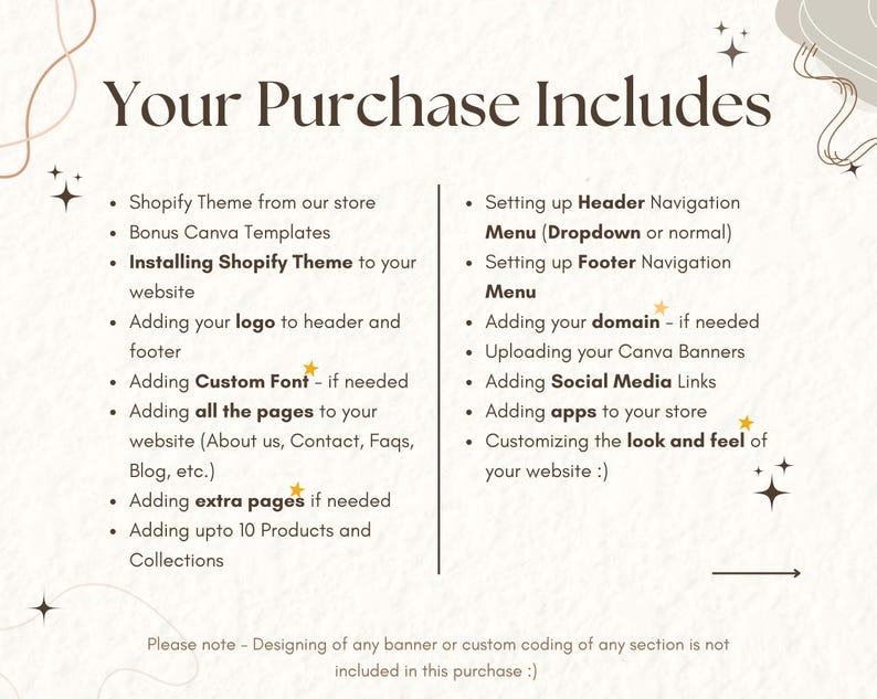 Pu&ograve; includere: Una grafica beige e oro con il testo "Your Purchase Includes" e un elenco di servizi inclusi nell'acquisto di un tema Shopify. L'elenco include l'installazione del tema, l'aggiunta di un logo, l'aggiunta di font personalizzati, l'aggiunta di pagine, l'aggiunta di pagine extra, l'aggiunta di prodotti, la configurazione della navigazione del menu principale e del pi&egrave; di pagina, l'aggiunta di un dominio, il caricamento di banner Canva, l'aggiunta di link ai social media, l'aggiunta di app e la personalizzazione dell'aspetto del sito web.